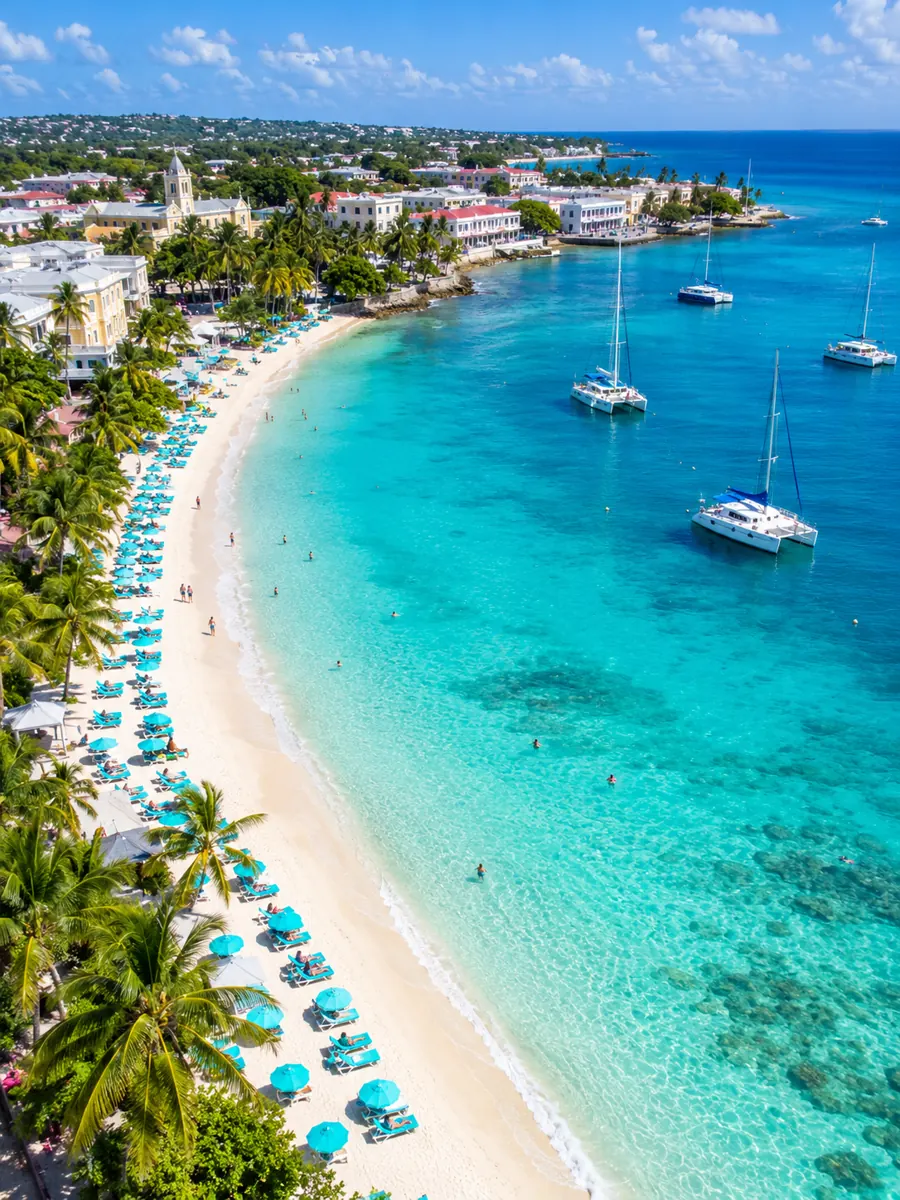 Luftaufnahme eines geschwungenen weißen Strandes mit Liegen und ankernden Booten auf türkisem Wasser auf Barbados