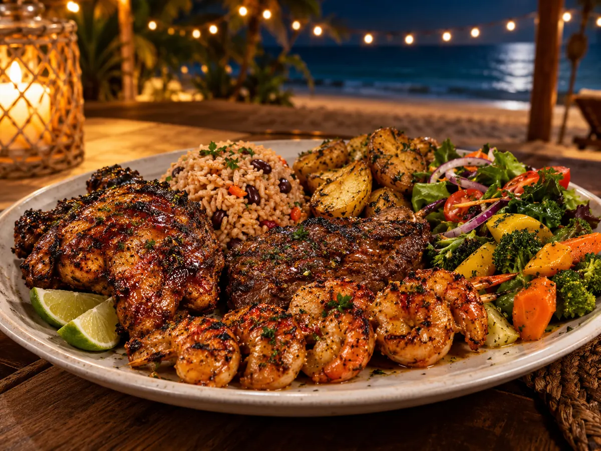 Ein Barbecue-Teller mit Jerk Chicken, Steak, Garnelen, Reis und Salat auf einem Strandtisch bei Nacht
