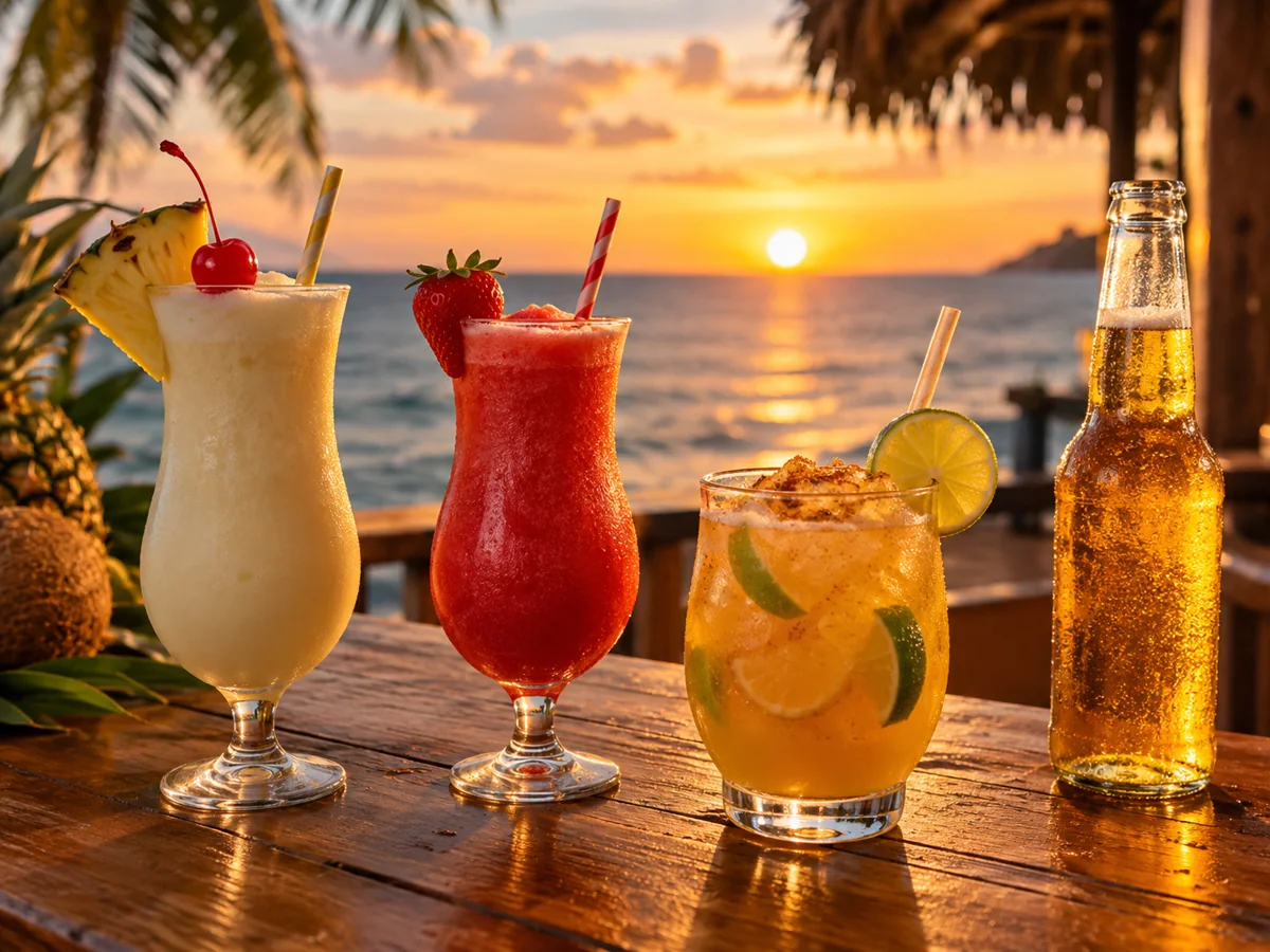 Eine pina colada, ein daiquiri mit Erdbeeren, ein Rumpunsch und ein Bier an einer Strandbar bei Sonnenuntergang