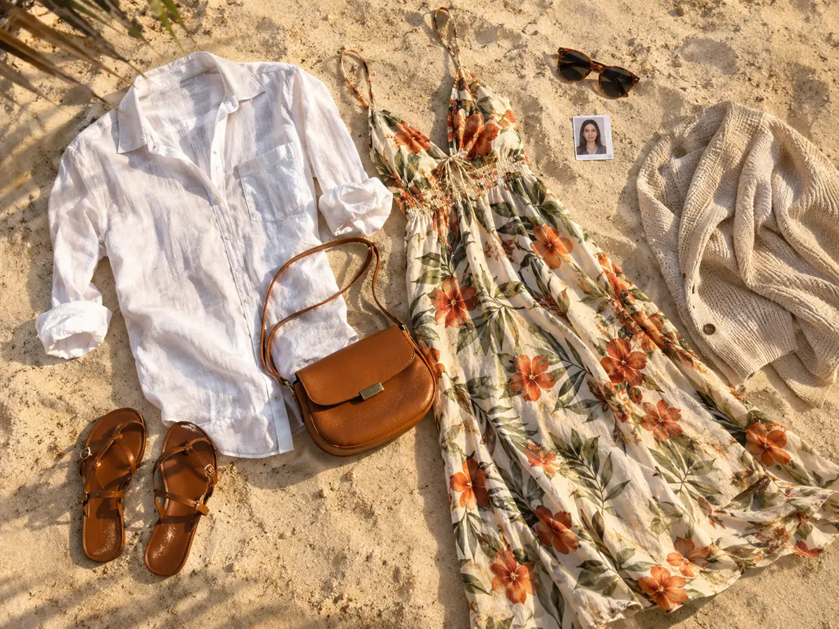 Ein Leinenhemd, ein geblümtes Sommerkleid, flache Sandalen und eine kleine Tasche, ausgelegt auf dem Sand